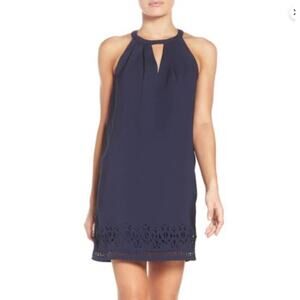 Greylin Melissa  Laser Cut Deep Navy Blue Halter Shift Mini Dress sz XS